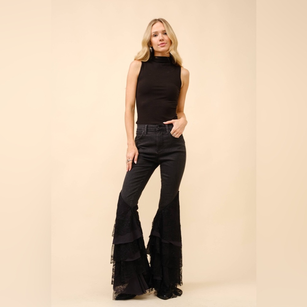▪️Blue B 15503P Mid Rise Lace Tiered Flare Denim Jeans